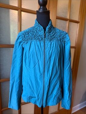erin london Teal Smocked Yoke Zip Front Jacket